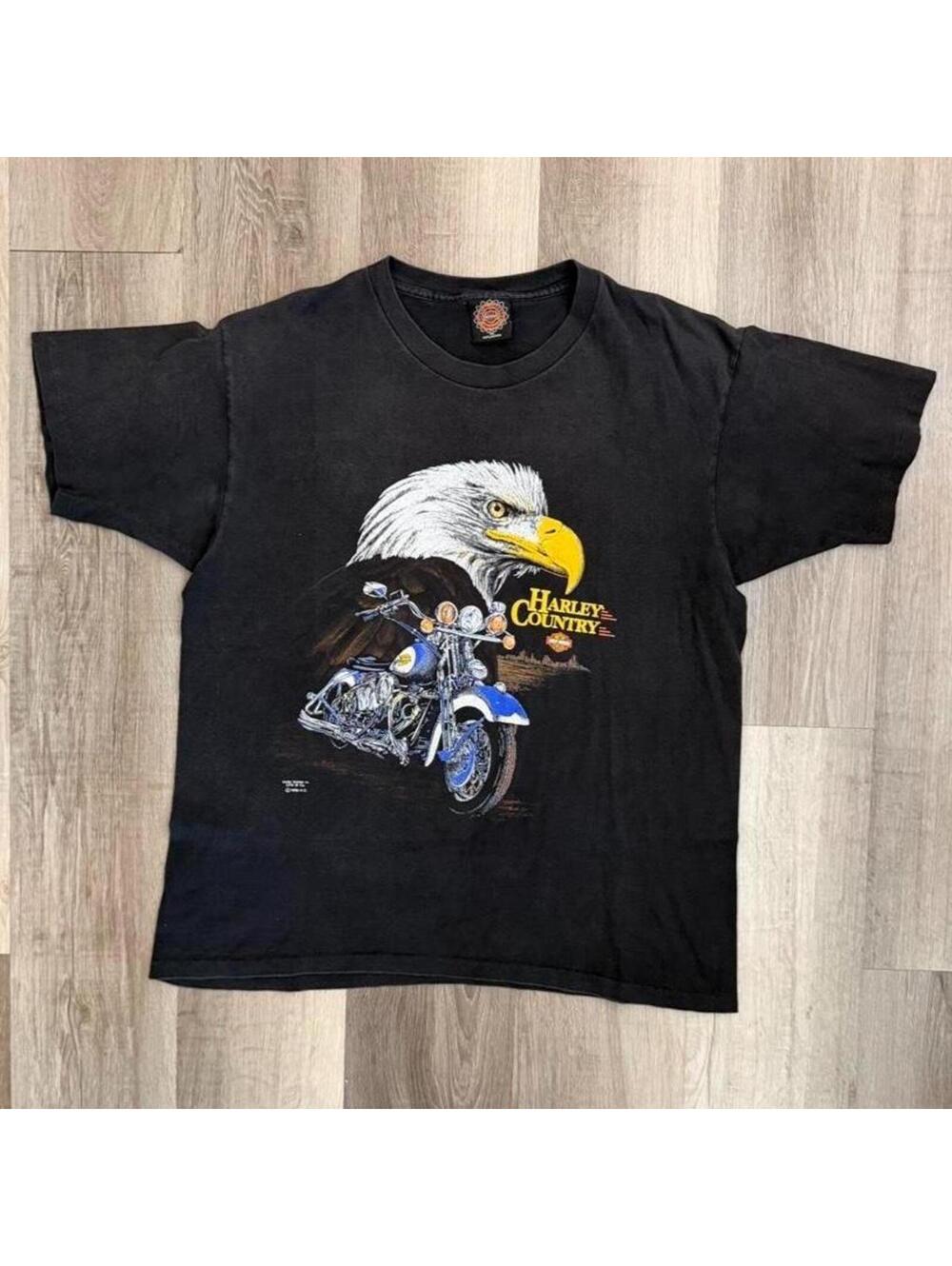 Vintage 90s Harley Davidson black cotton t-shirt with eagle and motorcycle